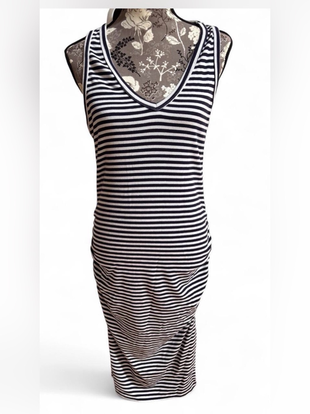 A New Day Women's Navy Blue Striped Rib Knit Side Ruched Bodycon Dress Large